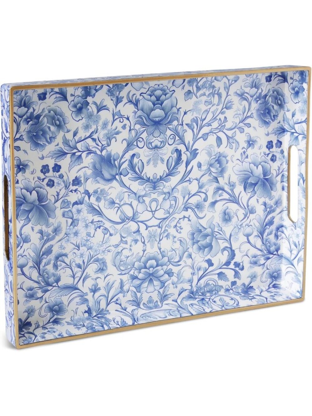 Decorative Rectangular Serving Tray with Handles - Blue & White Floral Design